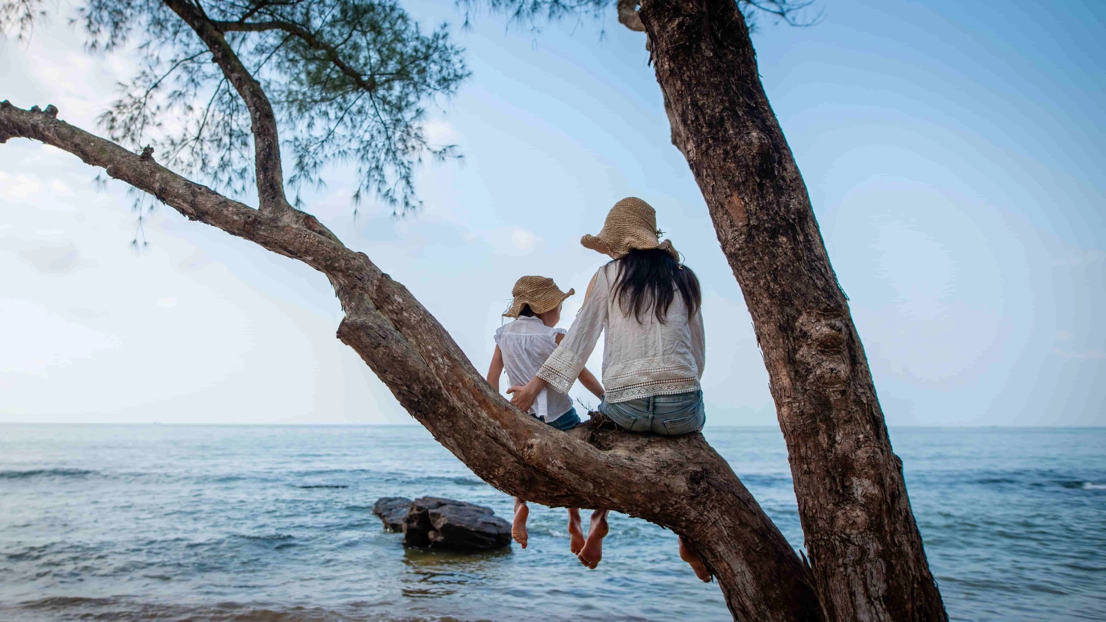 Two people on a tree branch looking out at the ocean